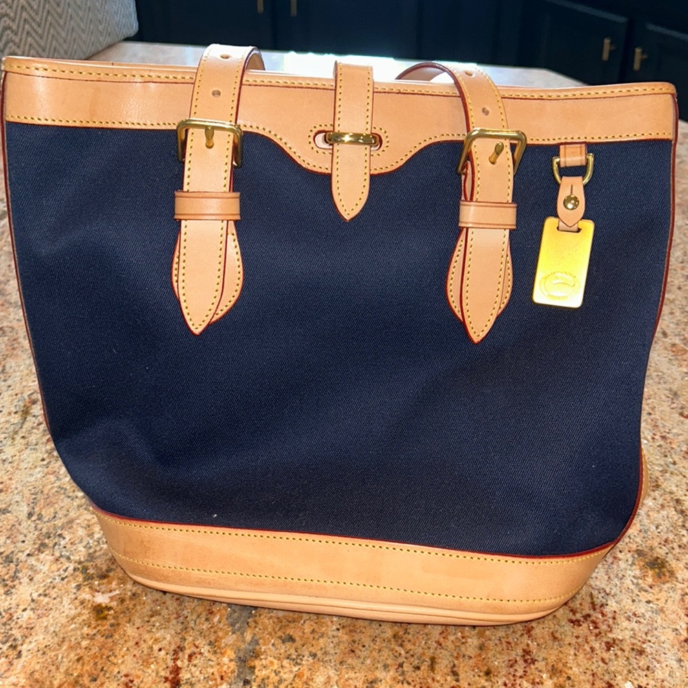 DOONEY & BOURKE Medium Purse | Canvas Navy, Camel Color Leather | Gold Hardware.